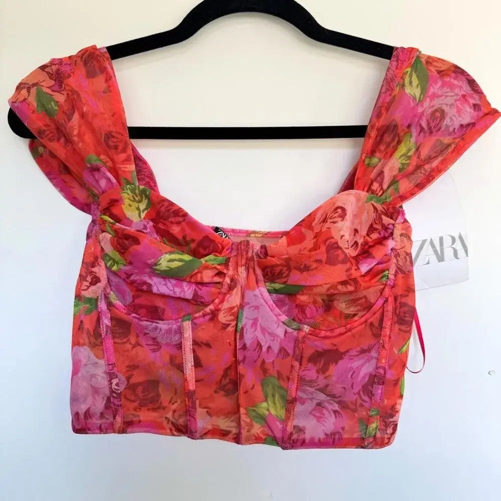 Zara Floral Tulle Bustier Corset Style Cap Sleeve Top - Picture 4 of 8